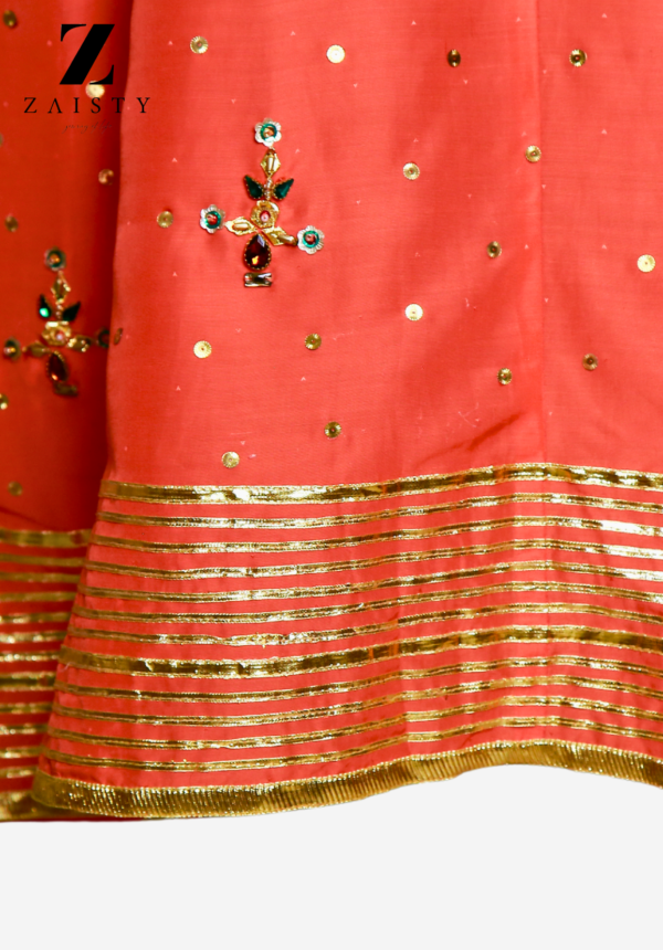 Elegant Coral Raw Silk Kalidar | Mirror & Gota Work - Image 4