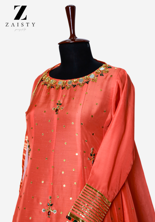 Elegant Coral Raw Silk Kalidar | Mirror & Gota Work - Image 2